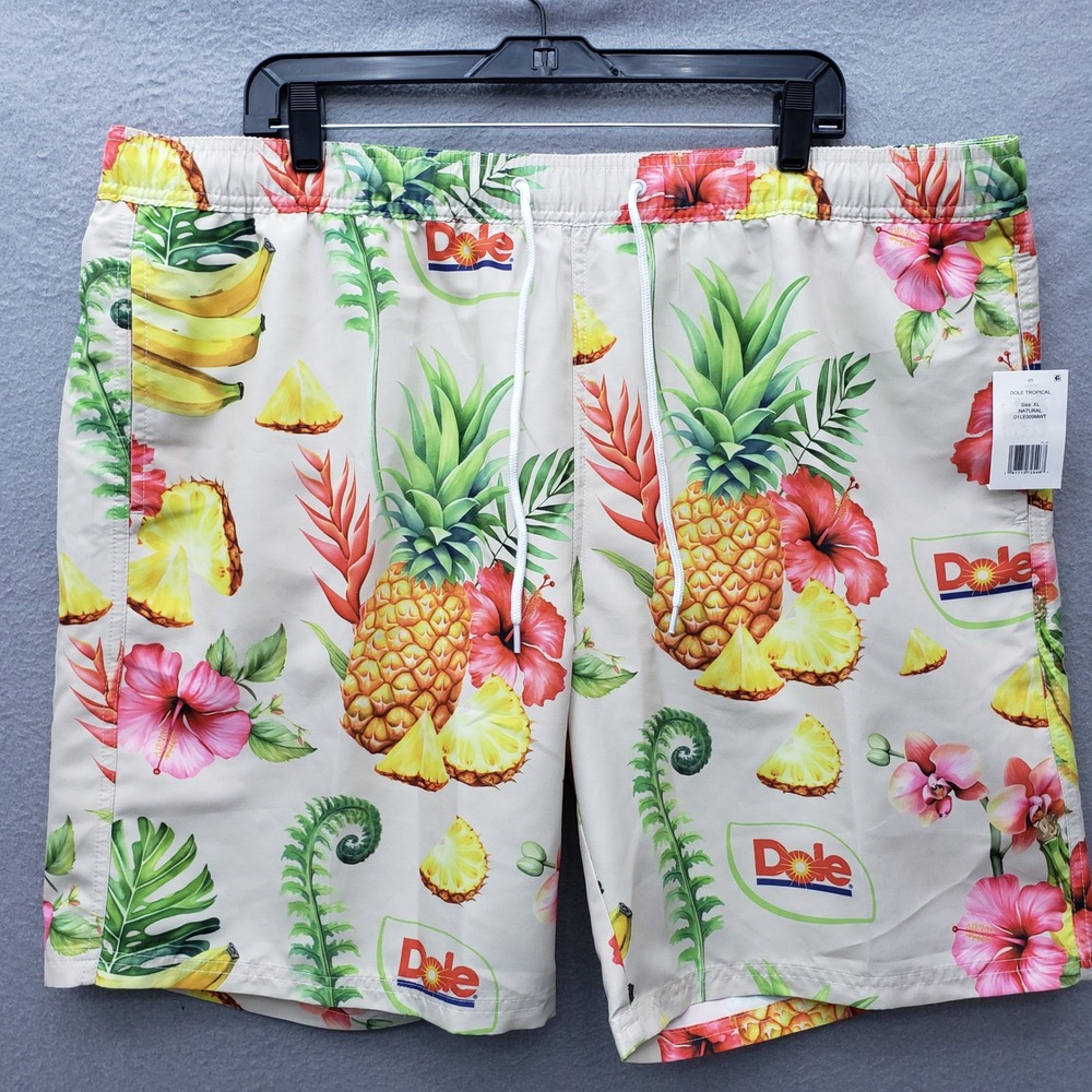 Dole Tropical Fruit Print Swim Trunk Shorts White Hawaiian Vacation Banana XL